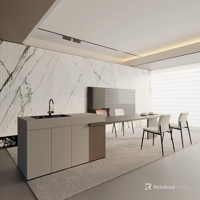 Modern Open Kitchen Dining Table Set With White Chairs And Marble Wall 3d model