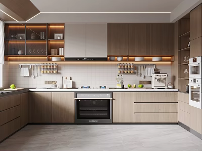 Modern Kitchen Interior With Wooden Cabinets Open Shelves Countertop And White Appliances 3d model