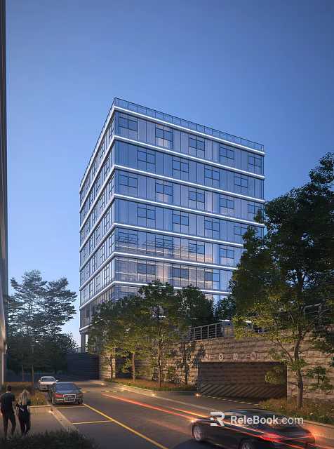 Modern Office Building With Glass Curtain Wall Surrounded by Trees Under Blue Sky 3d model 