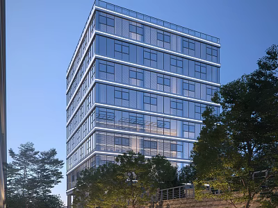 Modern Office Building With Glass Curtain Wall Surrounded by Trees Under Blue Sky 3d model