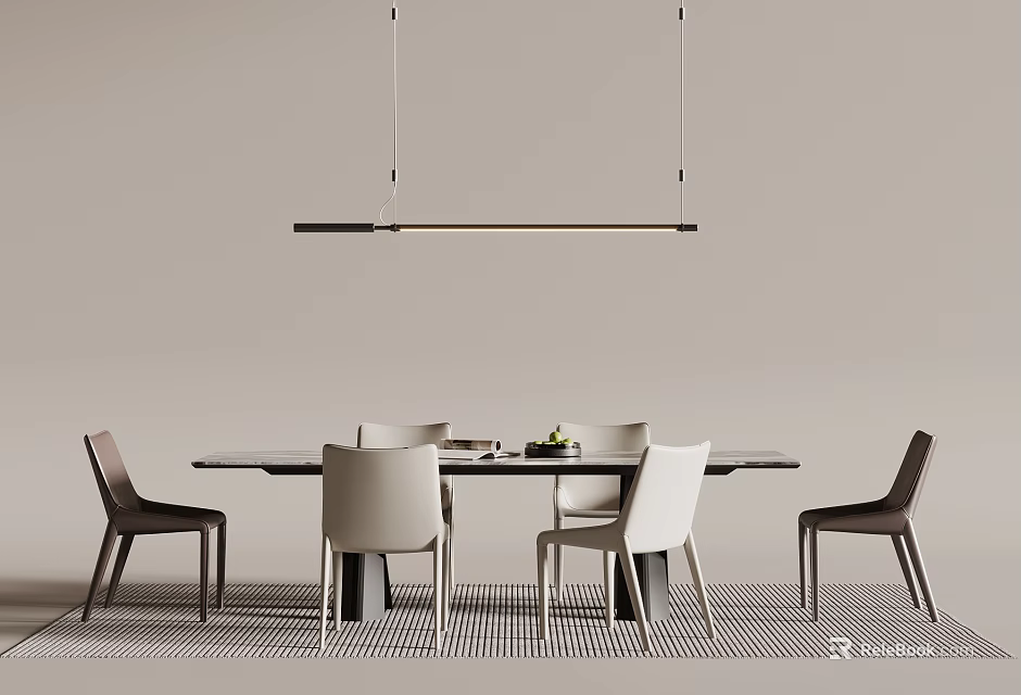 Modern Dining Table Set With Mixed Color Chairs And Linear Hanging Light 3d model
