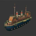 Classic Vintage Wooden Ship with Red Chimneys Blue Orange Hull Windows and Railings
