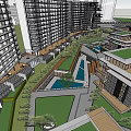 Modern Commercial Complex With High Rise Buildings Green Roofs And Open Courtyards