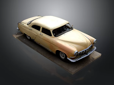 Vintage Golden Model Car With Classic Design Rounded Body On Display Stand 3d model
