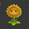 Cartoon Sunflower With Smiling Face Yellow Petals Orange Center And Green Stem Leaves