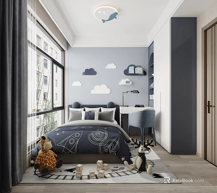 Blue Kids Room Interior With Cloud Decor Bed Desk Toys And Giraffe Stuffed Animals 3d model 