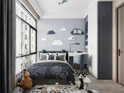 Blue Kids Room Interior With Cloud Decor Bed Desk Toys And Giraffe Stuffed Animals 3d model