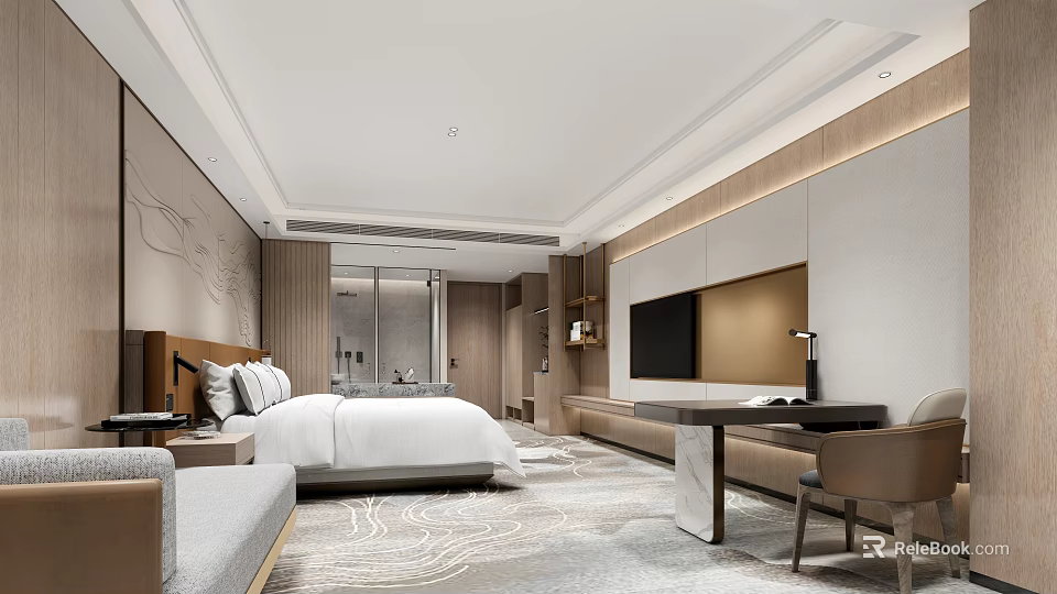 Modern Hotel Room Interior Design with Bed TV Desk Chair and Light Tones Carpet 3d model 