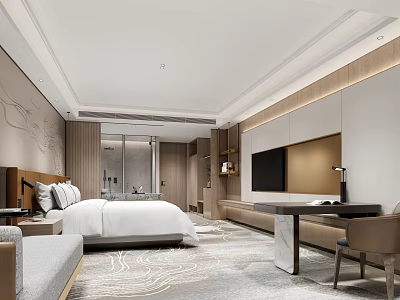 Modern Hotel Room Interior Design with Bed TV Desk Chair and Light Tones Carpet 3d model