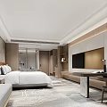 Modern Hotel Room Interior Design with Bed TV Desk Chair and Light Tones Carpet