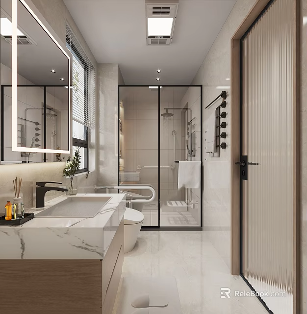 Modern Bathroom Interior With Marble Vanity Glass Shower Toilet And Large Mirror 3d model 