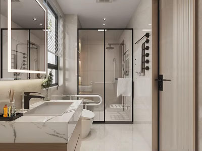 Modern Bathroom Interior With Marble Vanity Glass Shower Toilet And Large Mirror 3d model