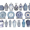 Traditional Blue and White Ceramic Wares with Vases Jars Decorative Plates and Classic Patterns