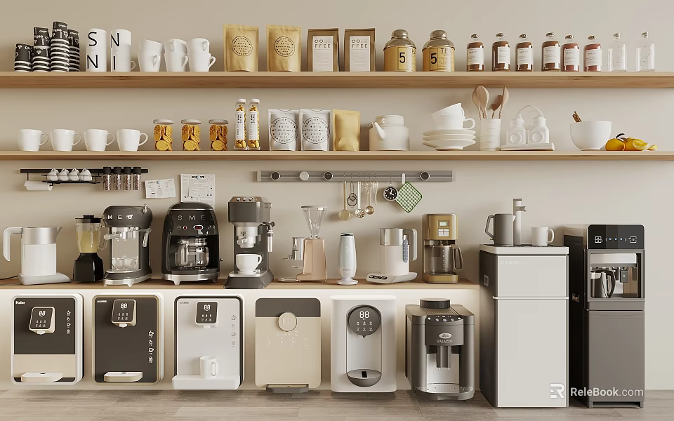 Modern Kitchen Interior Design With Shelves Holding Cups And Appliances Including Automatic Water Dispenser 3d model 