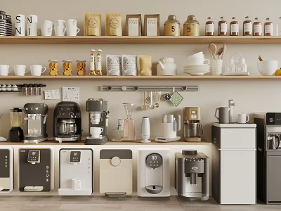 Modern Kitchen Interior Design With Shelves Holding Cups And Appliances Including Automatic Water Dispenser 3d model
