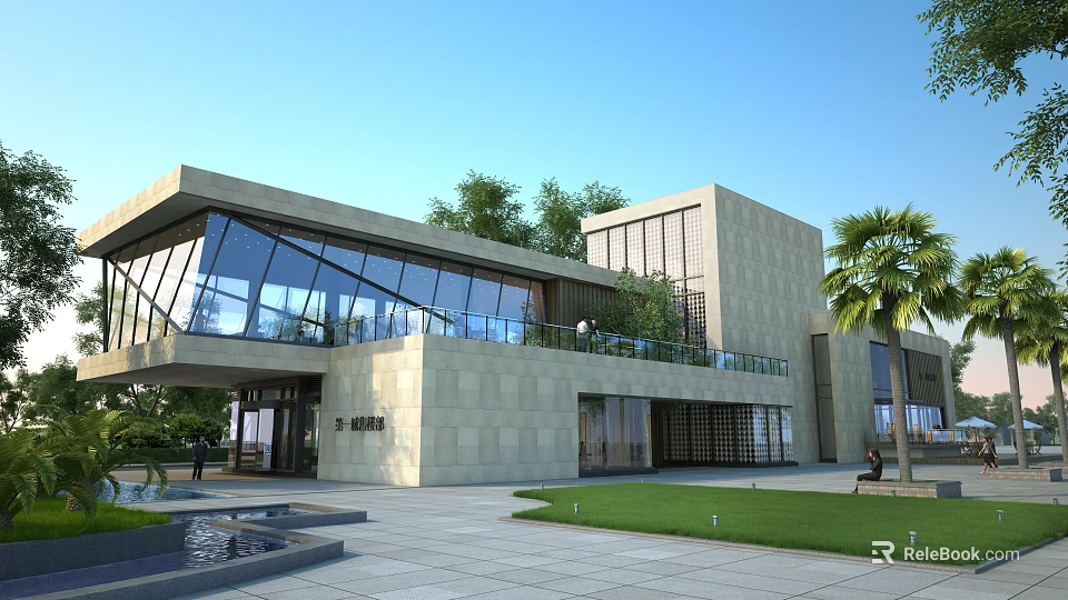 Modern Sales Office Building with Glass Curtain Wall Stone Facade and Lush Greenery Front Lawn 3d model 