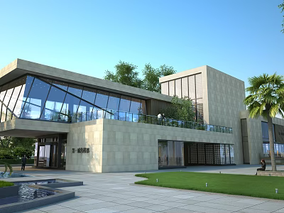Modern Sales Office Building with Glass Curtain Wall Stone Facade and Lush Greenery Front Lawn 3d model