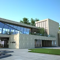 Modern Sales Office Building with Glass Curtain Wall Stone Facade and Lush Greenery Front Lawn