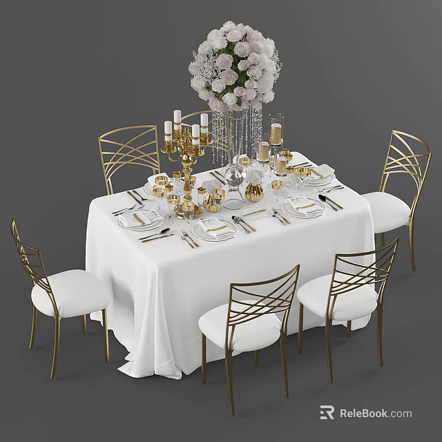 Luxurious Dining Table Set With White Tablecloth Gold Chairs Candle Holders Dinnerware And Floral Centerpiece 3d model 
