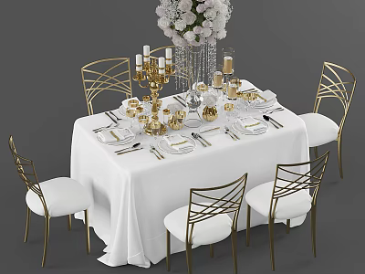 Luxurious Dining Table Set With White Tablecloth Gold Chairs Candle Holders Dinnerware And Floral Centerpiece 3d model