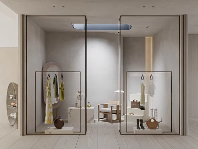 Modern Minimalist Walk in Closet Interior With Glass Doors Hanging Clothes Mirror And Wooden Chair 3d model