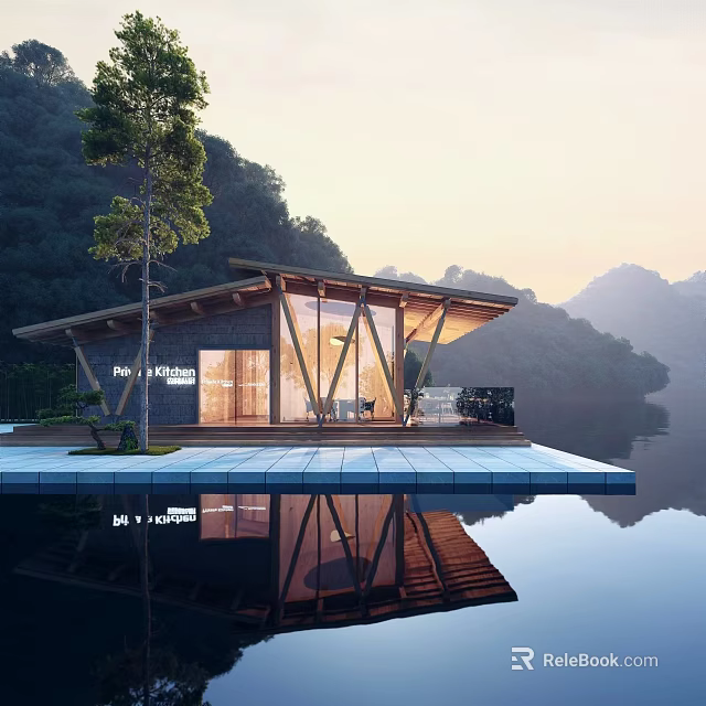 Scenic Modern Floating Lakeside Wooden House With Glass Walls Mountain View And Water Reflection 3d model 