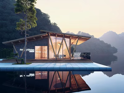Scenic Modern Floating Lakeside Wooden House With Glass Walls Mountain View And Water Reflection 3d model