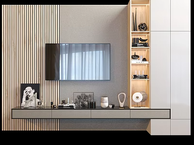 Modern TV Stand with Wall Mounted TV Photo Frames Decorative Ornaments and Vertical Striped Panel 3d model
