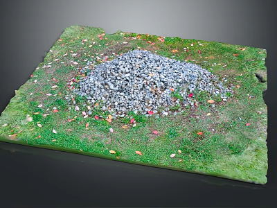 Stone Gravel Pile In Square Green Grass Area With Scattered Leaves And Small Stones 3d model