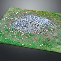 Stone Gravel Pile In Square Green Grass Area With Scattered Leaves And Small Stones