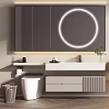 Modern Bathroom Vanity With Double Sink Mirror Cabinet And LED Lighting On Herringbone Floor