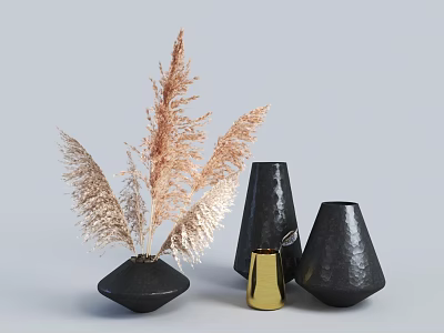 Pottery Pot Combination Black Pottery Pot Vessel Black Quiet Style Flower Art Medium Style Pottery Pot Vessel Ornaments Reed Flower Art Pottery Pot Vase Flower Art 3d model