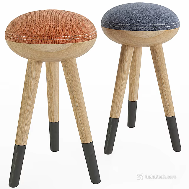 Two Modern Bar Stools With Orange And Blue Fabric Seats Wooden Legs Black Bottoms 3d model 