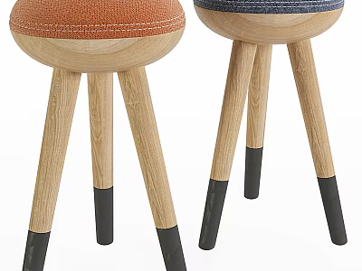 Two Modern Bar Stools With Orange And Blue Fabric Seats Wooden Legs Black Bottoms 3d model