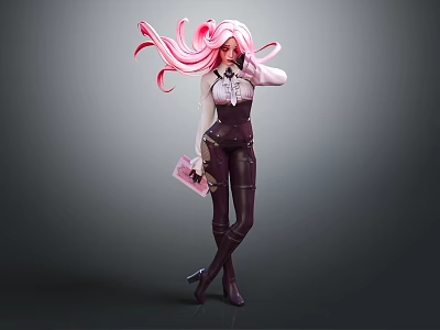 Stylish Pink Haired Female Character In Dark Leather Outfit Holding Pink Item And High Heels 3d model