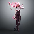 Stylish Pink Haired Female Character In Dark Leather Outfit Holding Pink Item And High Heels