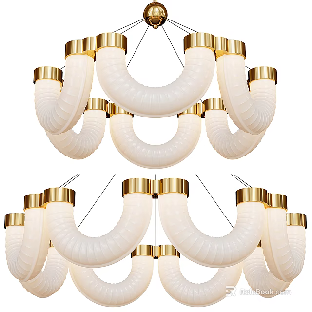 Elegant Modern White Chandelier With Gold Accents And Curved Frosted Glass 3d model 