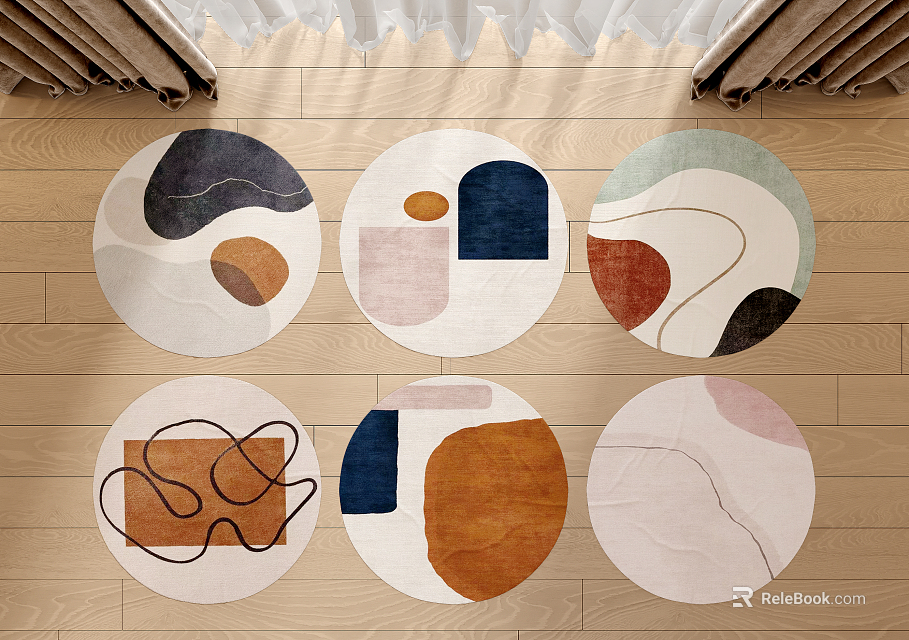 Modern Abstract Geometric Round Rugs With Various Colors And Soft Texture On Wooden Floor 3d model 
