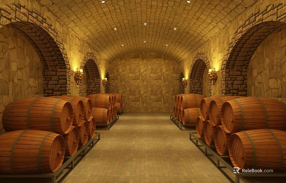 Traditional Wine Cellar Featuring Arched Stone Walls Lined Wine Barrels And Stone Tile Floor 3d model 