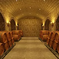 Traditional Wine Cellar Featuring Arched Stone Walls Lined Wine Barrels And Stone Tile Floor
