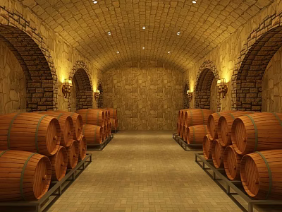 Traditional Wine Cellar Featuring Arched Stone Walls Lined Wine Barrels And Stone Tile Floor 3d model