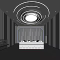Modern Monitoring Room With Large Cityscape Display Screen Multiple Chairs And Ceiling Lighting
