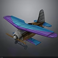 Vintage Space Aircraft 3D Model With Blue Purple Wings Wooden Metal Body And Propeller