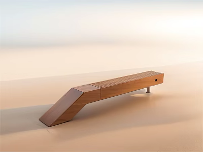 Wooden Leisure Chair With Modern Sloped Structure Design In Sandy Environment And Soft Light 3d model