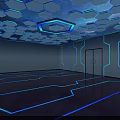 Futuristic Cartoon Scene With Hexagon Ceiling Blue Lights And Glowing Lines