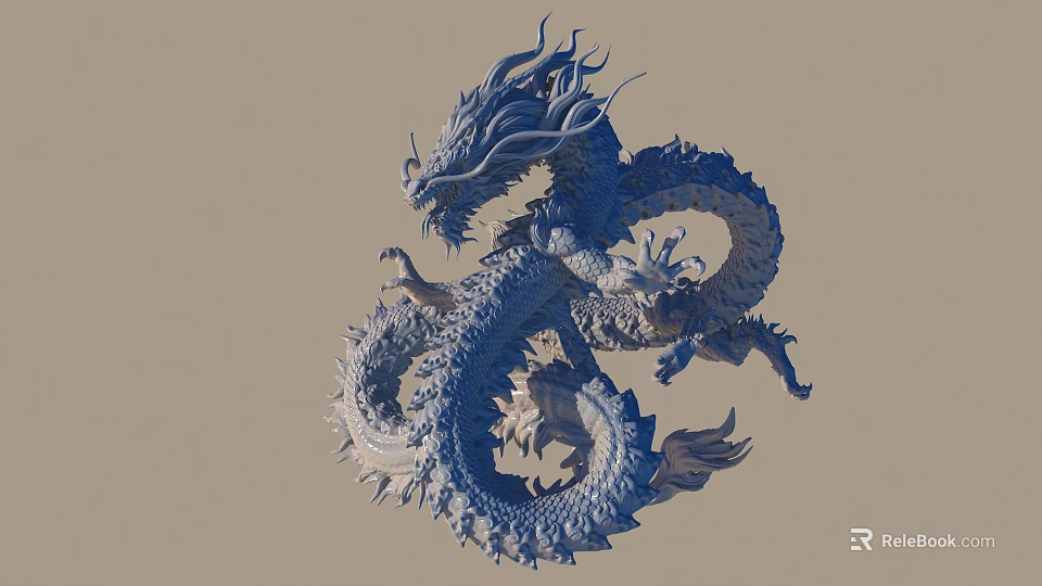 Blue Flying Dragon With Scaly Body Curled Tail And Detailed Mane Design 3d model 