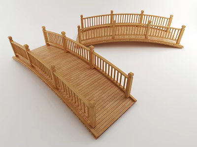 Wooden Bridges With Railings Straight And Curved Design For Garden Or Park 3d model