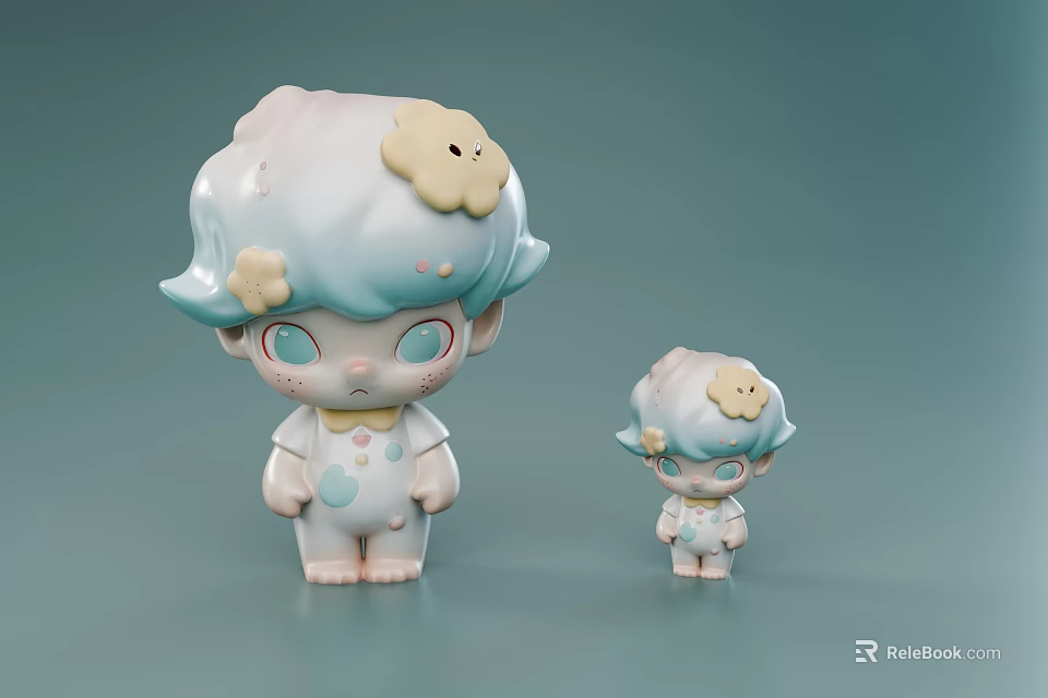 Cute Game Movie Characters With Light Blue Hair Yellow Flowers Big Small Sizes Spotted Outfits 3d model 