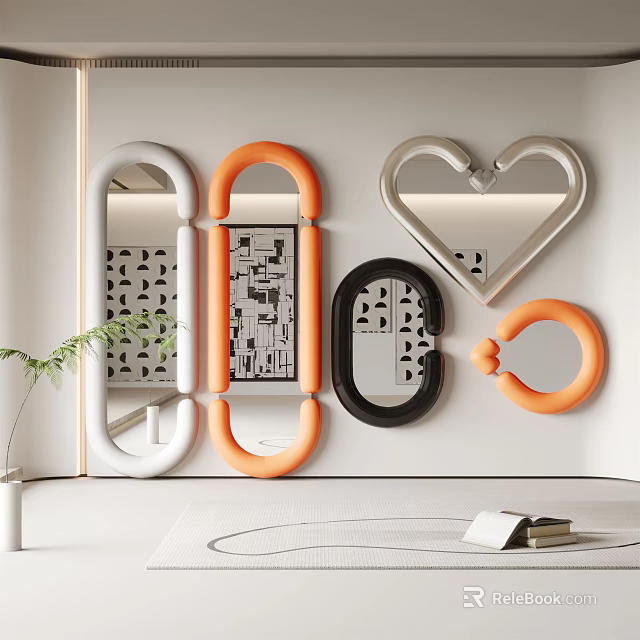 Modern Decorative Wall Mirrors With Various Shapes Orange White Black Frames 3d model 