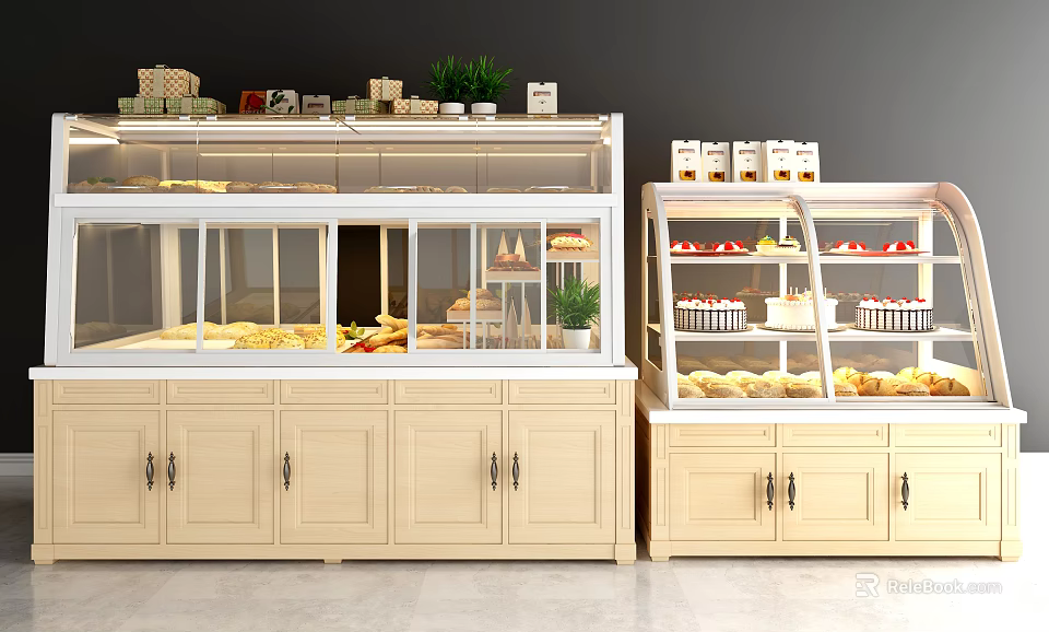 Bakery Display Shelves With Pastries Cakes And Decorative Light Wood Cabinets 3d model 